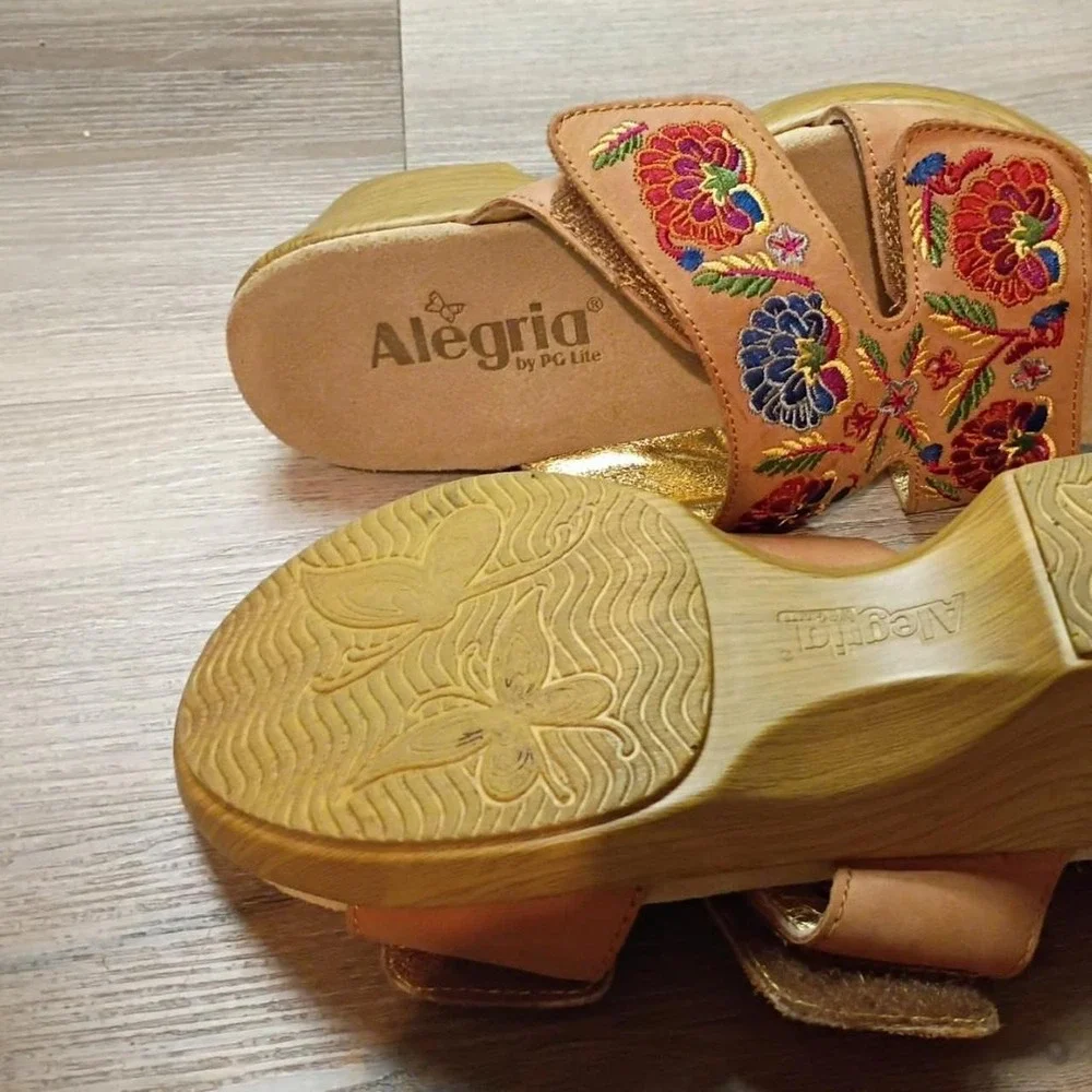 Size 36 Alegria Sandals Tan Floral Embroidered Wedge Slides